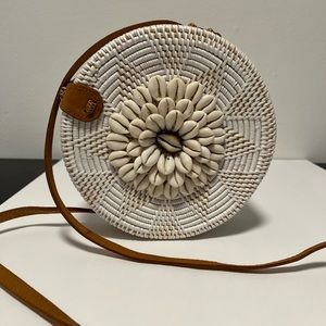 Handwoven Round Rattan Bag Shoulder Leather Straps